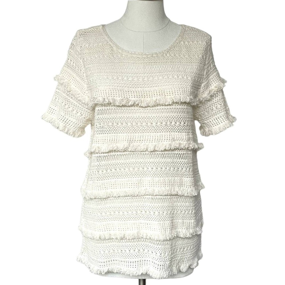 Joie Ivory Cotton Crochet Tiered Fringe Short Sleeve Top Blouse A351 T4878 Large